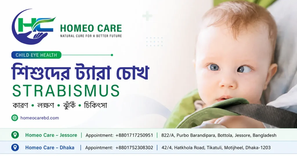 শিশুদের ট্যারা চোখ বা Strabismus-এর কারণ, লক্ষণ ও চিকিৎসা সম্পর্কে সচেতনতামূলক ফিচার ইমেজ—ডা. মো. হাসানুজ্জামান, Homeo Care Bangladesh