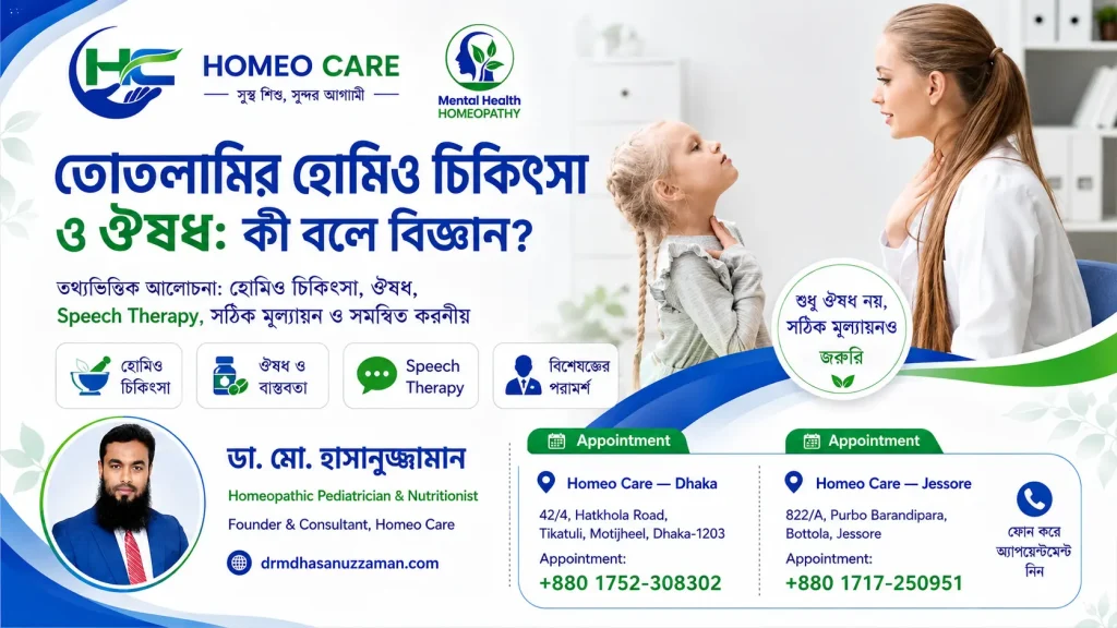 তোতলামির হোমিও চিকিৎসা ও ঔষধ সম্পর্কে তথ্যভিত্তিক গাইড—ডা. মো. হাসানুজ্জামান, Homeo Care।